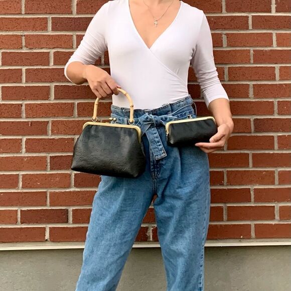 Genuine Leather Embossed Floral Lace, Real Bamboo Handle Bag & Small Clutch Set - Picture 2 of 16